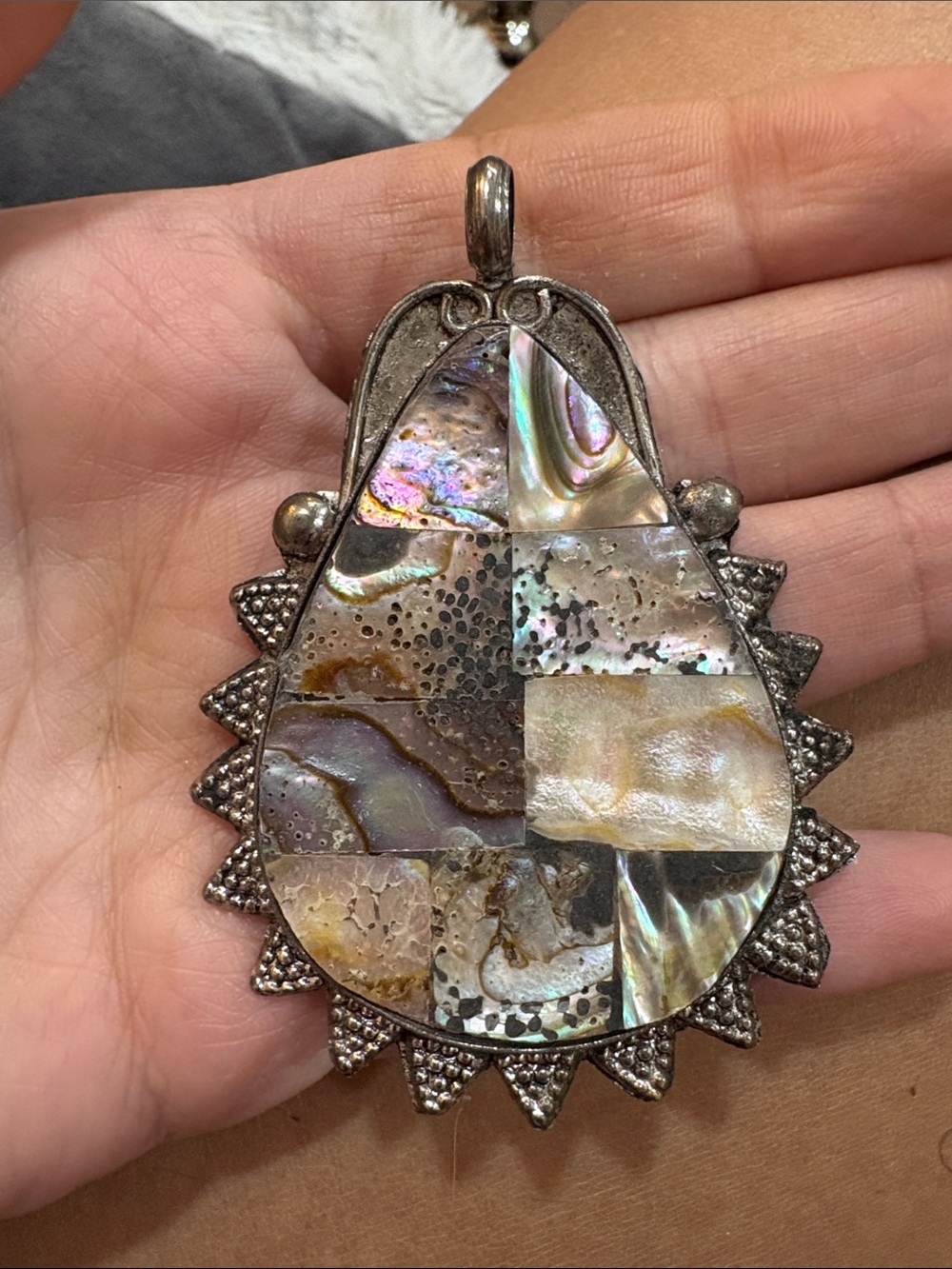 19-Abalone Mother of Pearl Mosaic Pendant Necklace - Iridescent Shell Teardrop